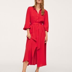 Red Pleated Button Down Shirt Midi Dress